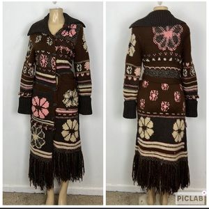 VINTAGE LUCKY BRAND BOTTOM DOWN BROWM WOOL KNIT BOHEMIAN MAXI CARDIGAN SIZE M